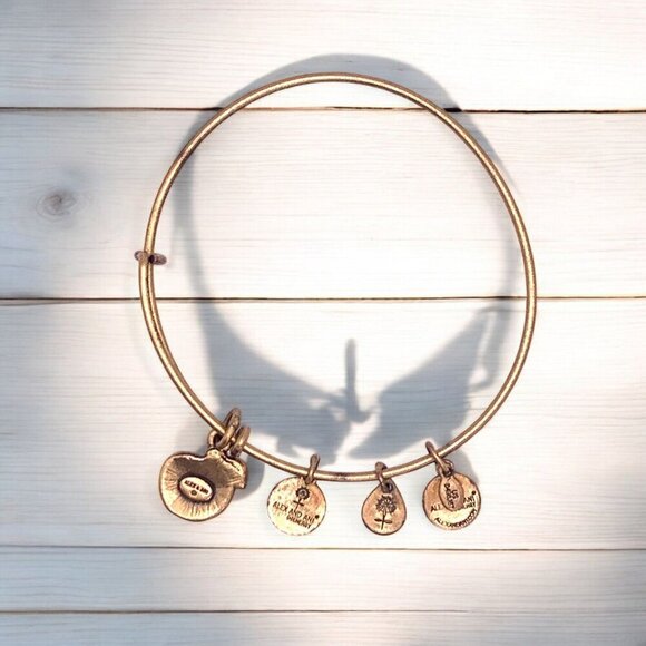 Alex And Ani Gold-Tone Expandable Wire Bangle Bracelet With Apple Charm - Picture 2 of 2